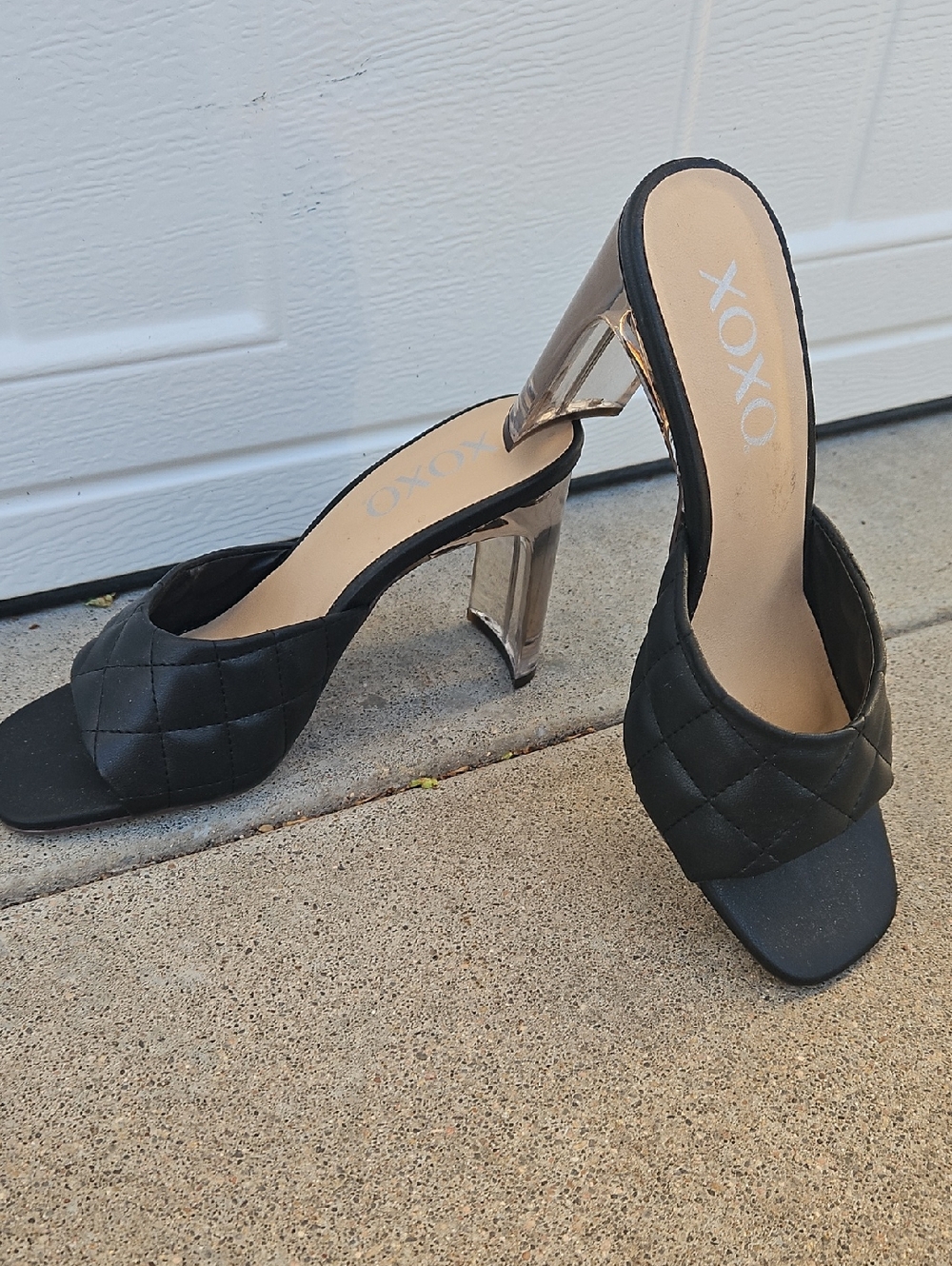 XOXO Black Quilted Slide Sandals with Clear Block Heel